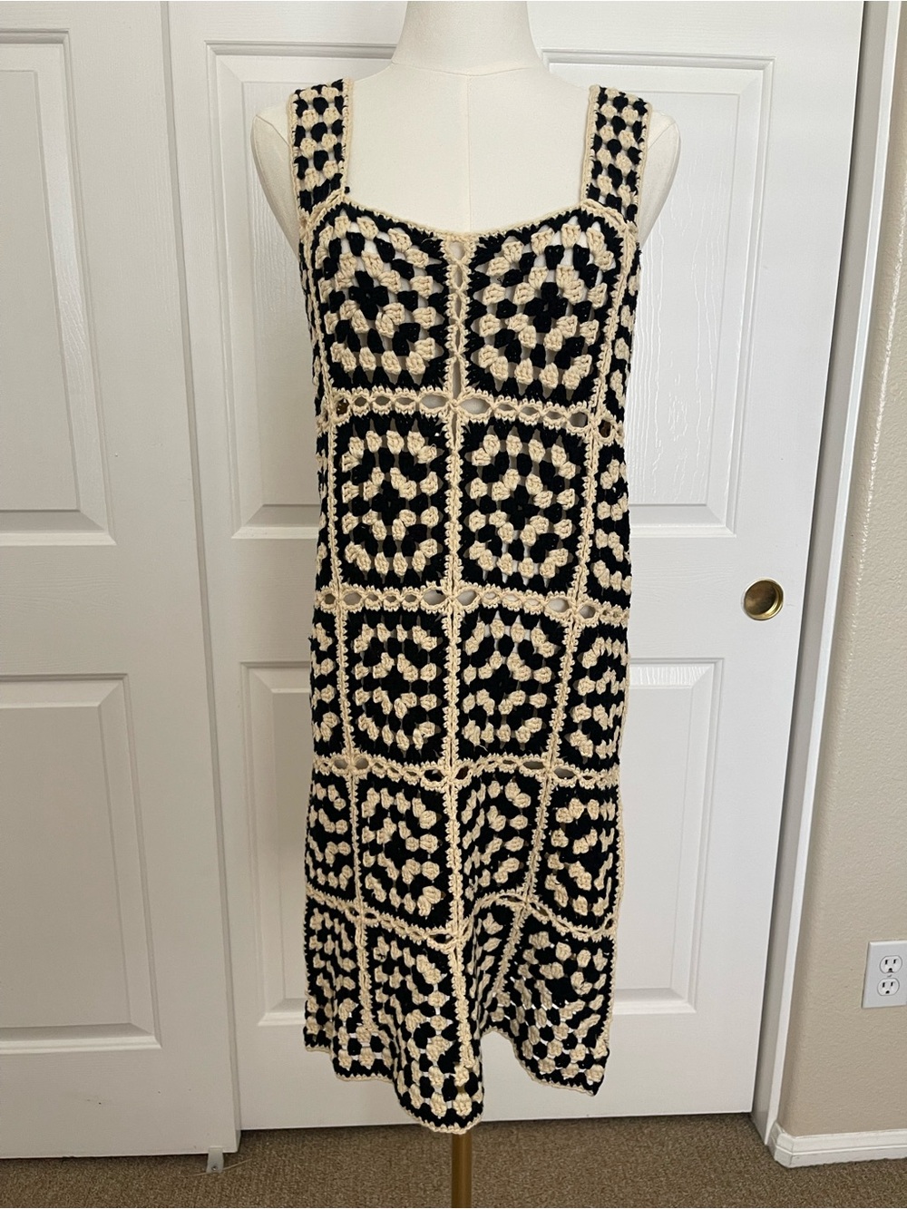 Vici Black & Cream Crochet Square-Panel Midi Dress